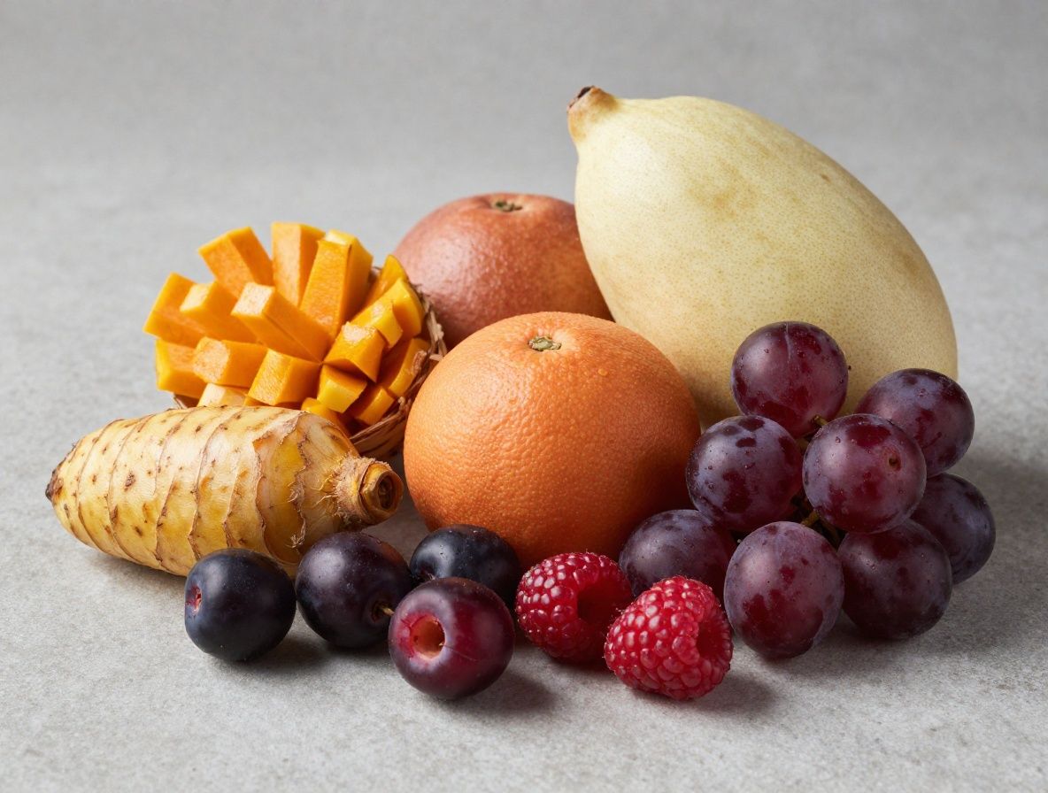 Egzotično i lokalno voće na kamenom podlošku: đumbir, kurkuma, maline, borovnice, nar i limun u estetskom botaničkom prikazu