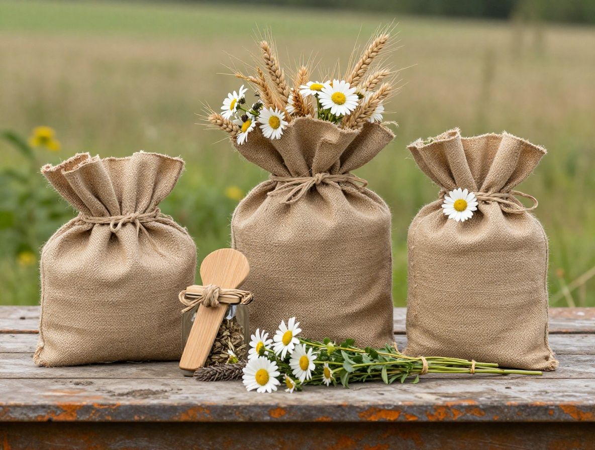 Svježe ubrano ljekovito bilje poput lavande, kamilice i majčine dušice posloženo na rustikalnom drvenom stolu s malim staklenim bočicama esencijalnih ulja, toplo prirodno svjetlo