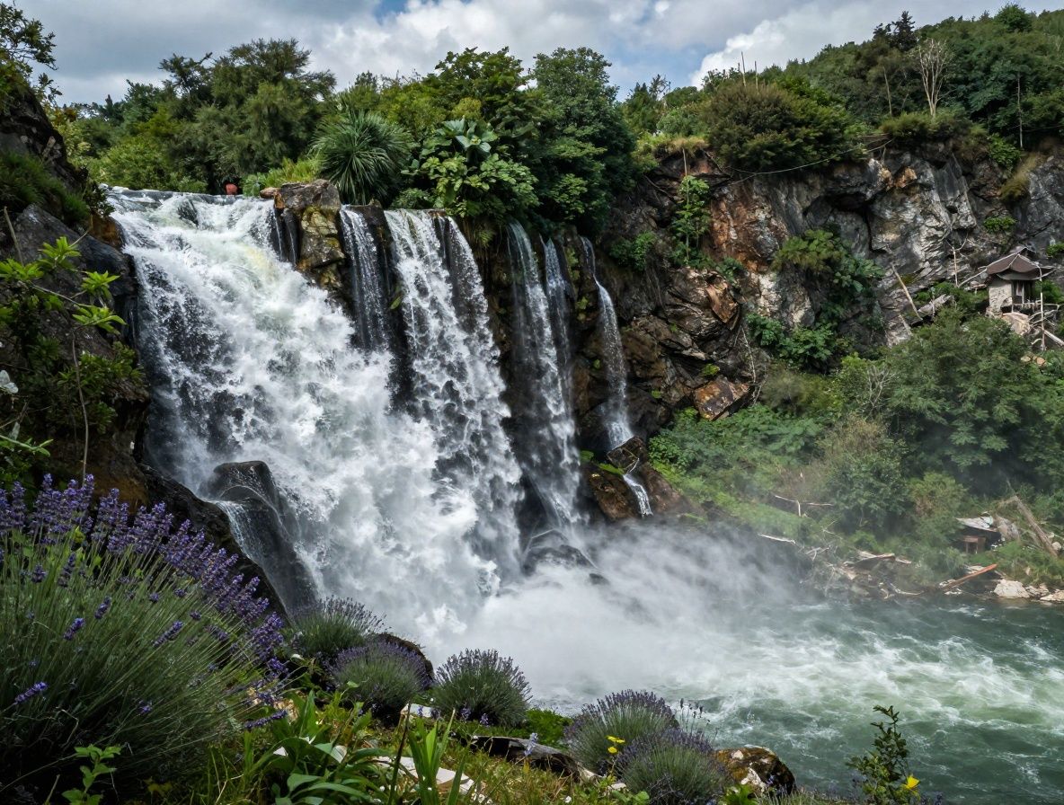 Polje lavande u sumrak s ljubičasto-plavim cvjetovima koji se protežu do horizonta, meko difuzno svjetlo, mirna atmosfera sna i opuštanja